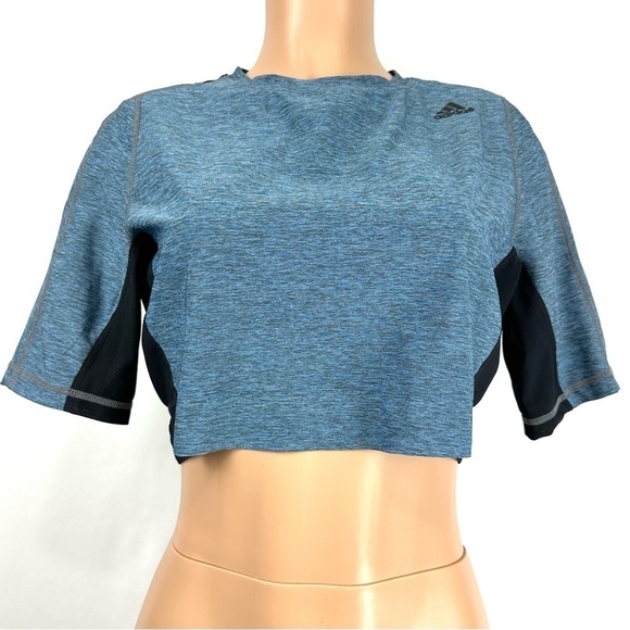 Adidas Women’s Sz L Heathered Blue Activewear Stretchy Cropped Top Mesh Back Tee - Picture 4 of 12